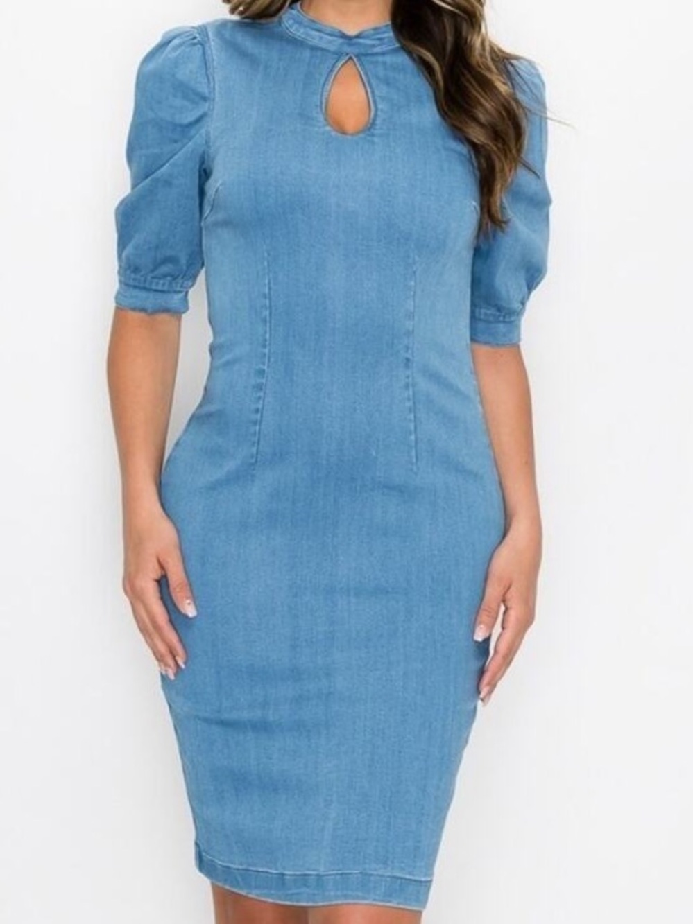 Chambray Keyhole Puff-Sleeve Sheath Dress